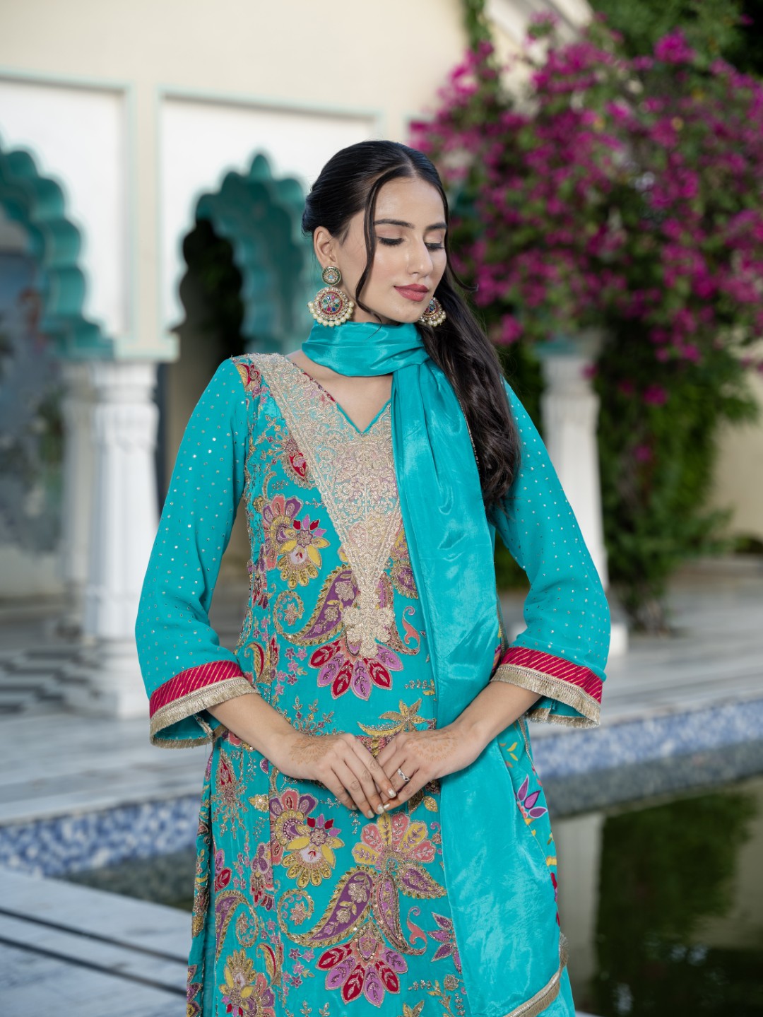 Tiffany-Blue Dori & Aari Work Royal A-line Set