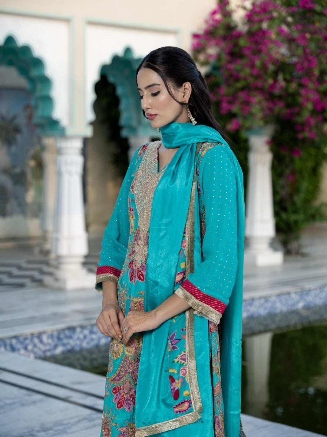 Tiffany-Blue Dori & Aari Work Royal A-line Set
