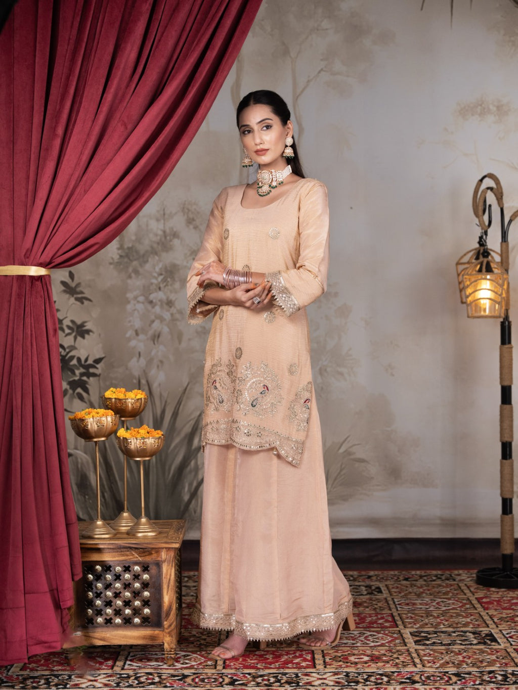 Peach Gota & Tila Work Sharara Set