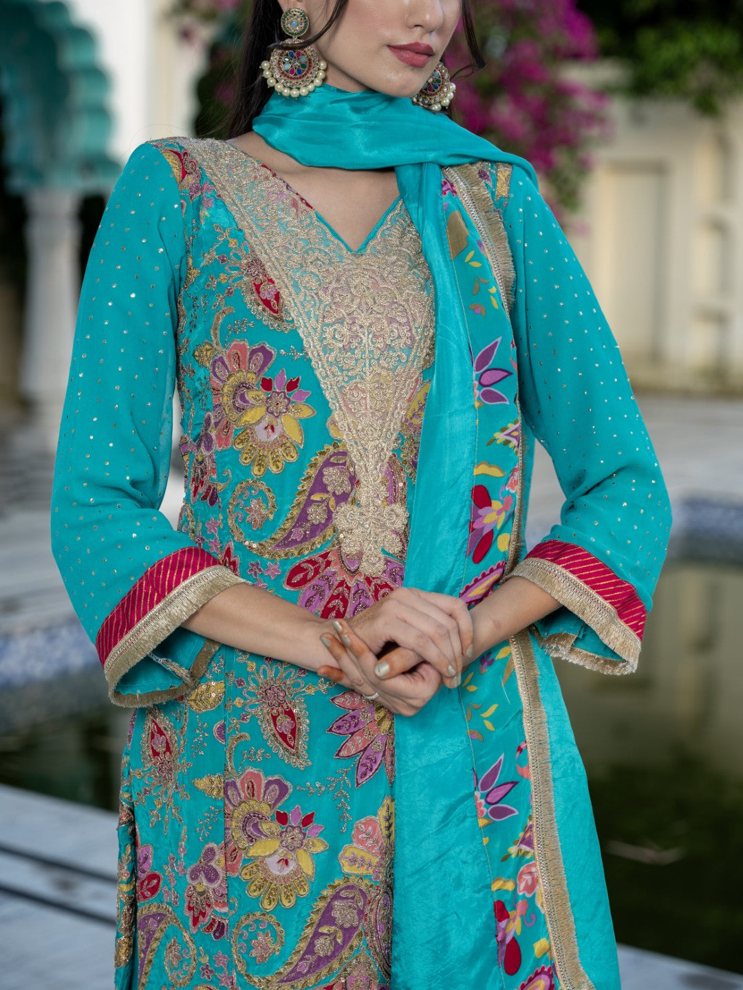 Tiffany-Blue Dori & Aari Work Royal A-line Set