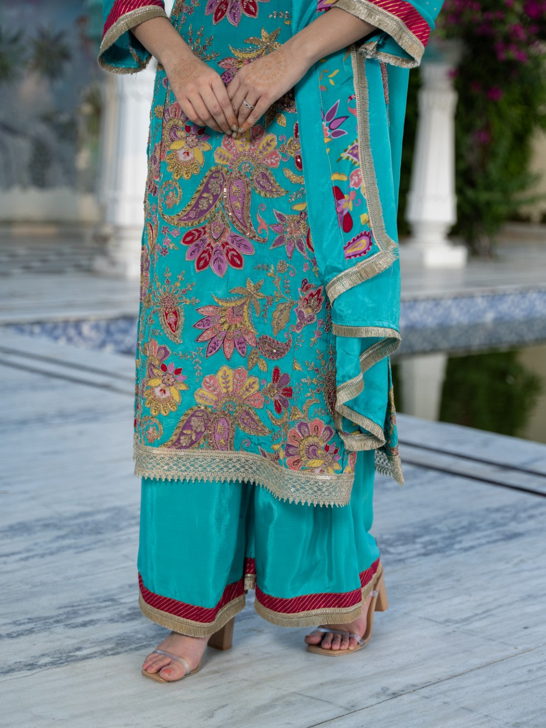 Tiffany-Blue Dori & Aari Work Royal A-line Set