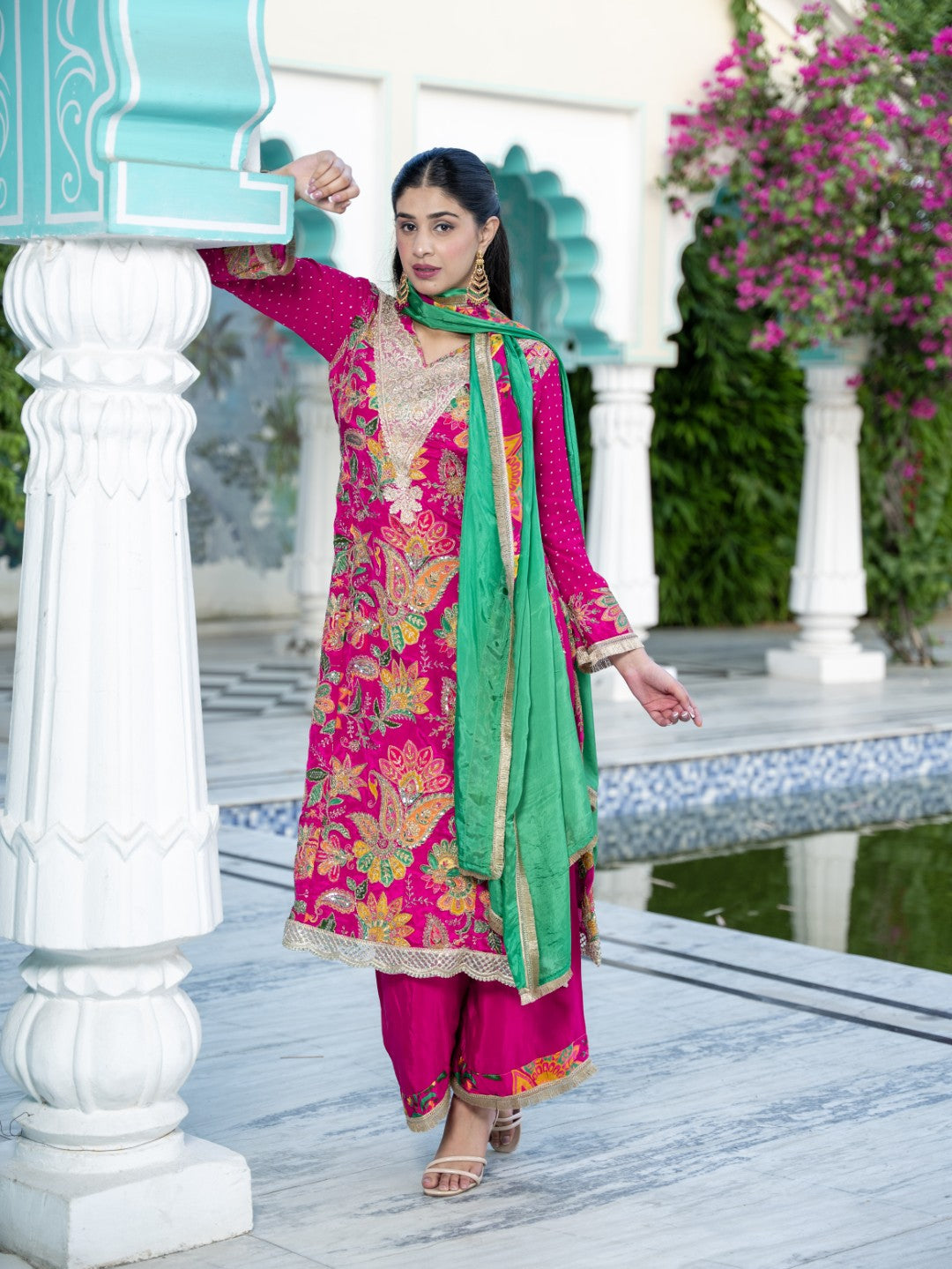 Hot-Pink Dori & Aari Work Royal A-line Set