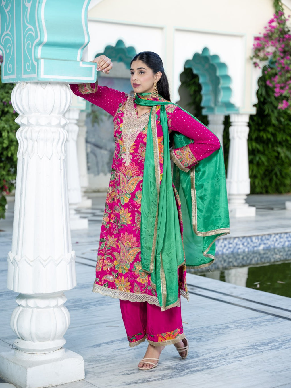 Hot-Pink Dori & Aari Work Royal A-line Set
