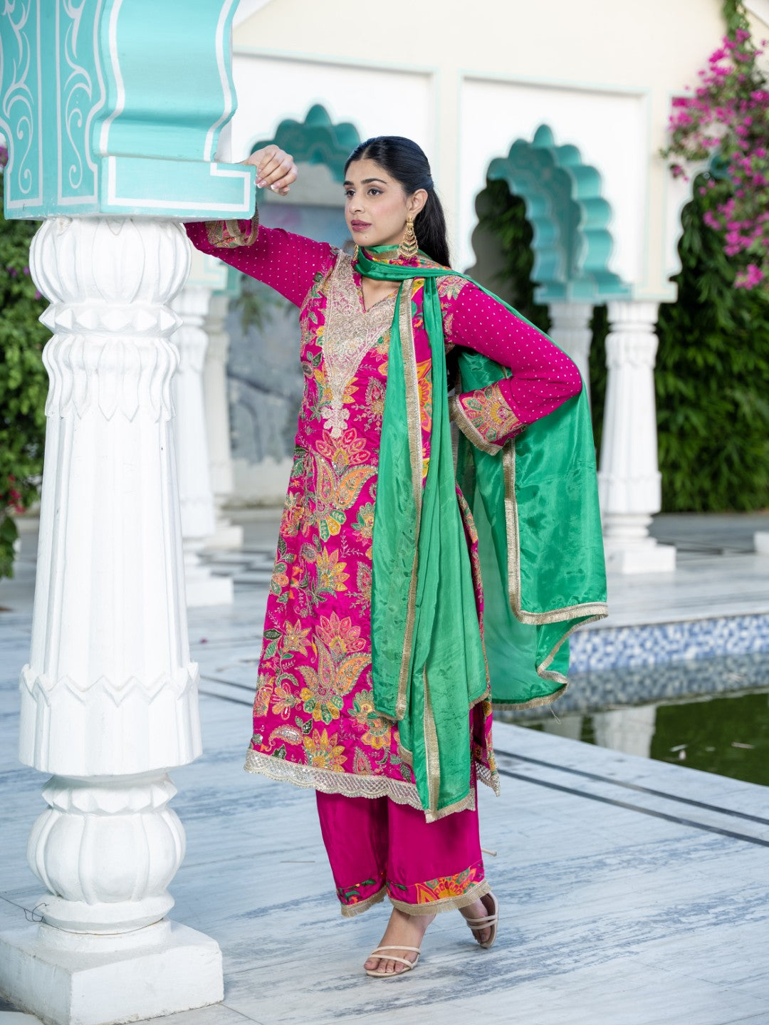 Hot-Pink Dori & Aari Work Royal A-line Set