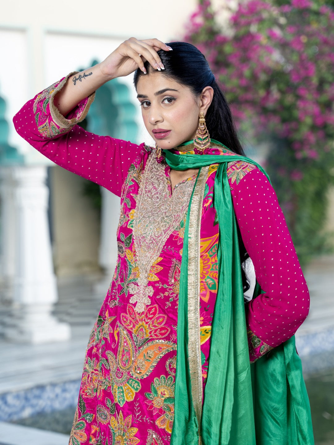 Hot-Pink Dori & Aari Work Royal A-line Set