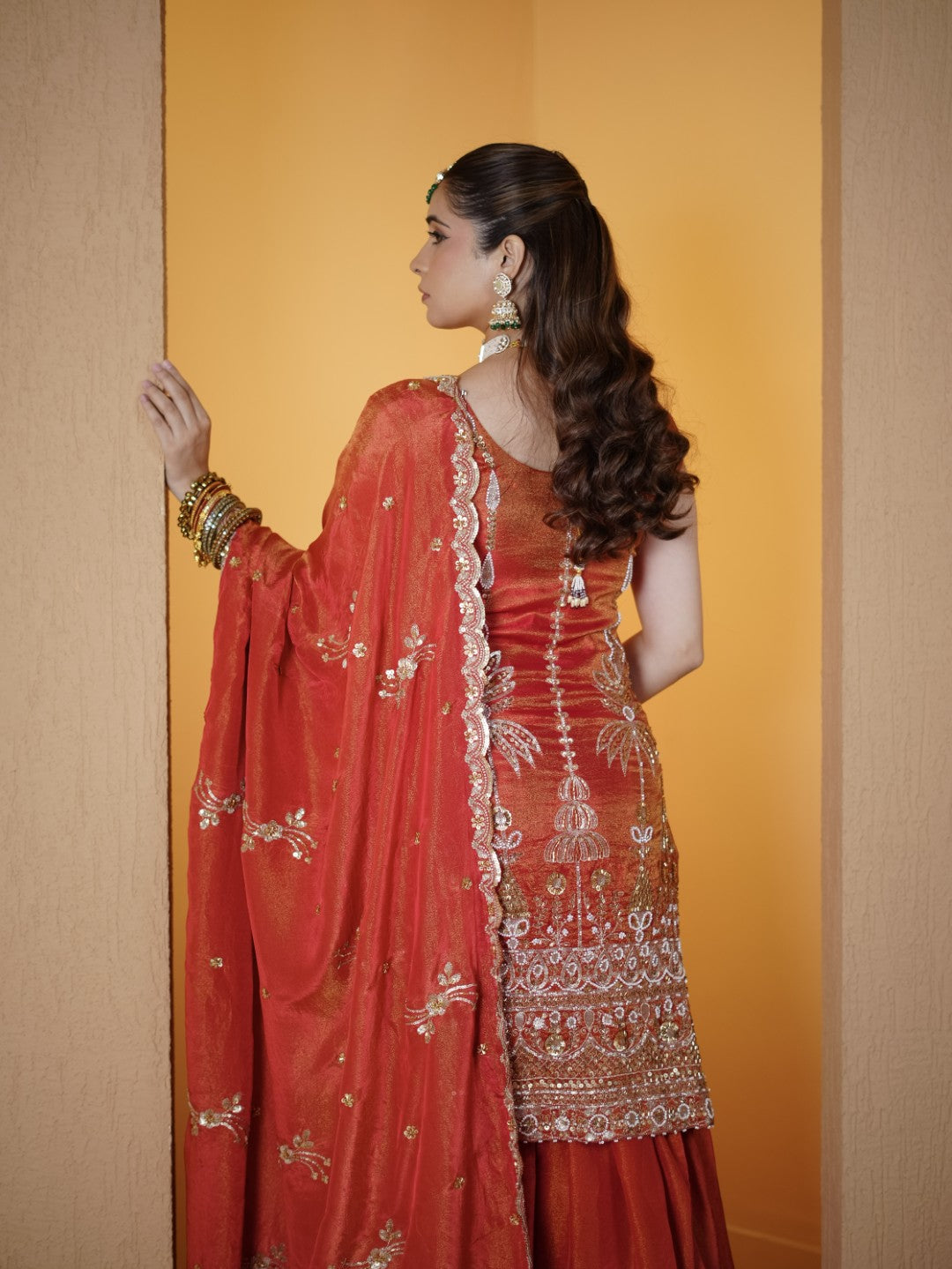 Tomato-Red Heavy Tila Work Gharara Set