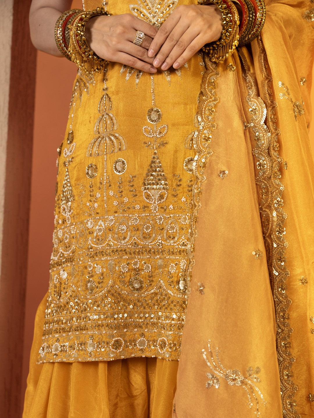 Yellow Heavy Tila Work Gharara Set