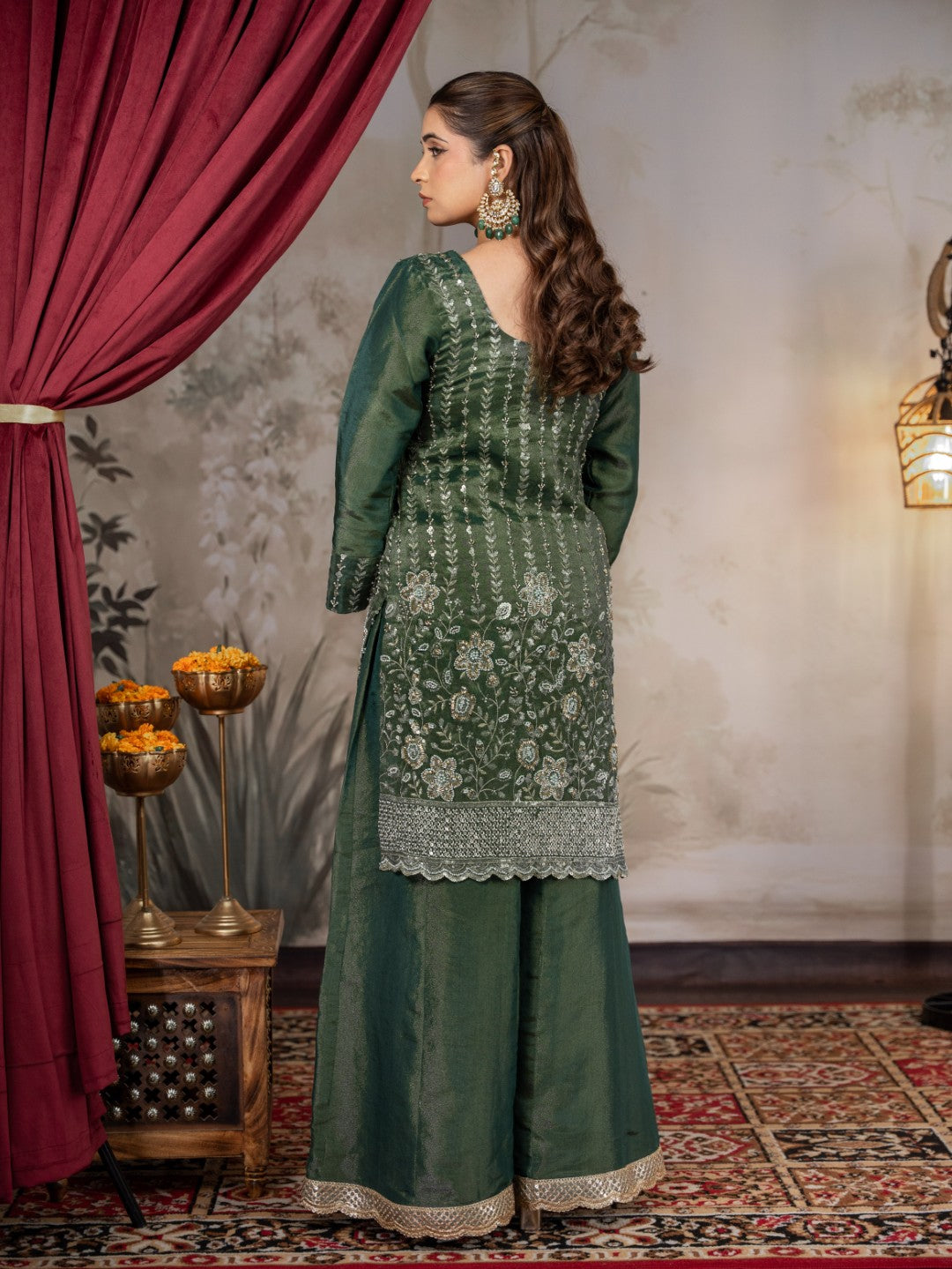 Bottle-Green Heavy Cutdana & Pearl Work Sharara Set
