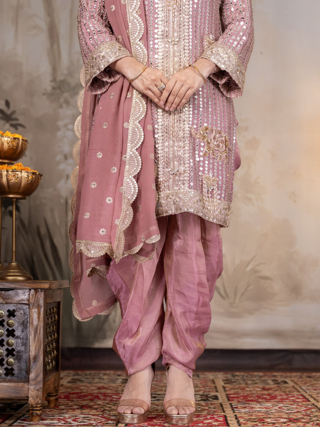 Onion Pink Heavy Mirror work Dhoti Set
