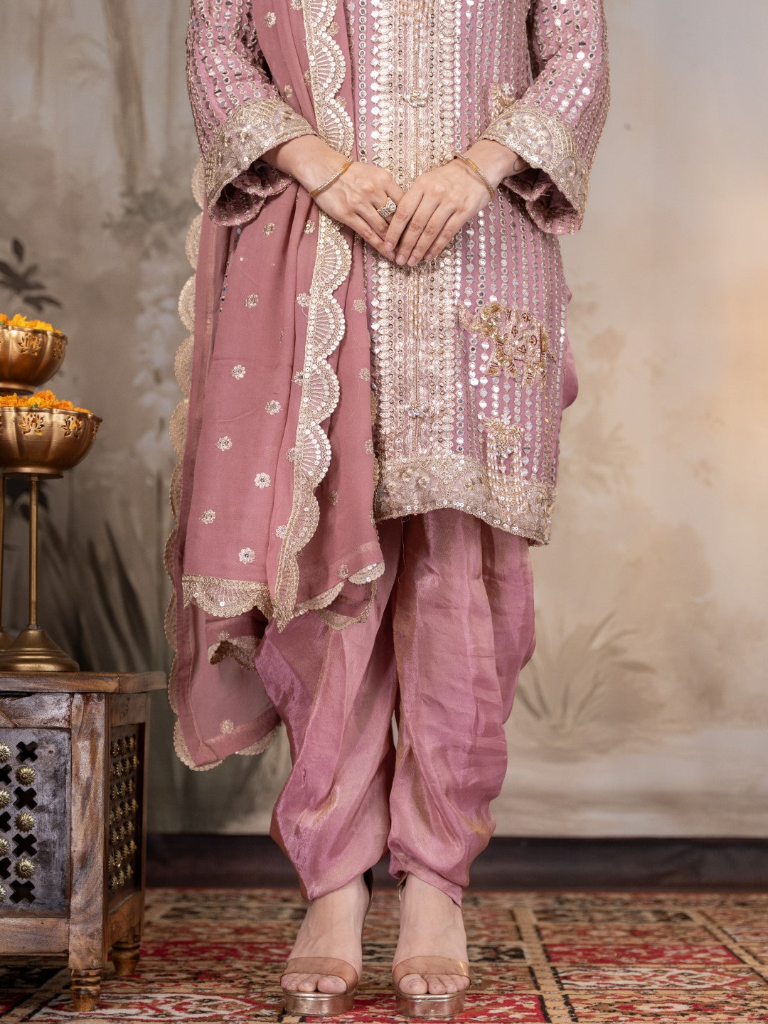 Onion Pink Heavy Mirror work Dhoti Set