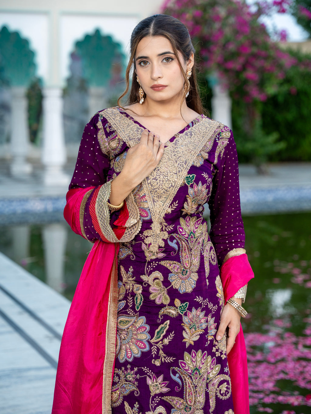 Purple Dori & Aari Work Royal A-line Set