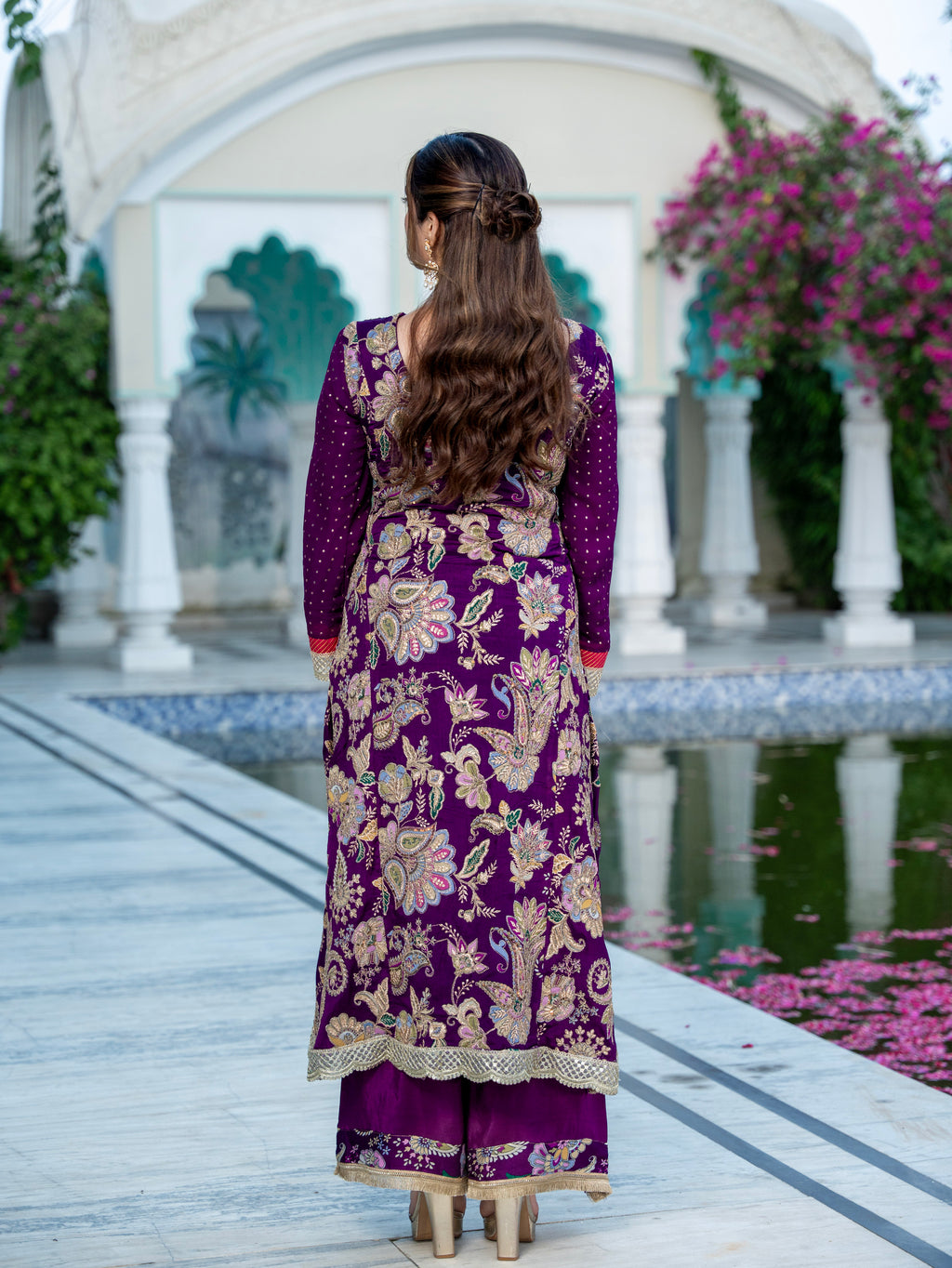 Purple Dori & Aari Work Royal A-line Set