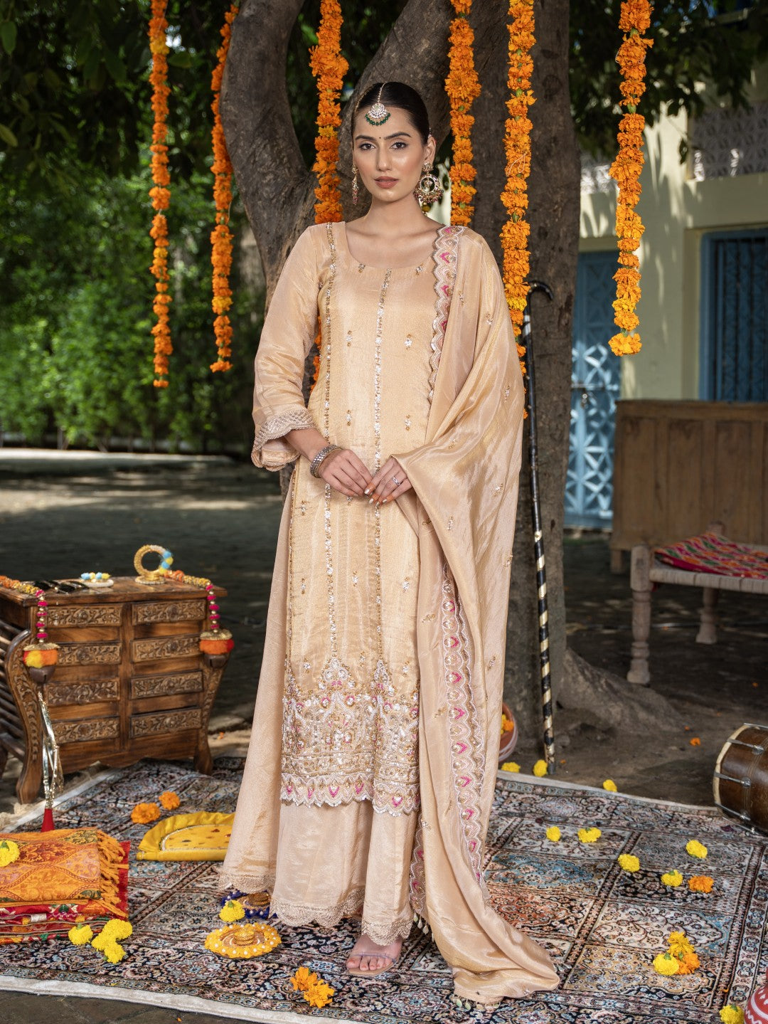 Fawn-Beige Heavy Cutdana Work Sharara Set