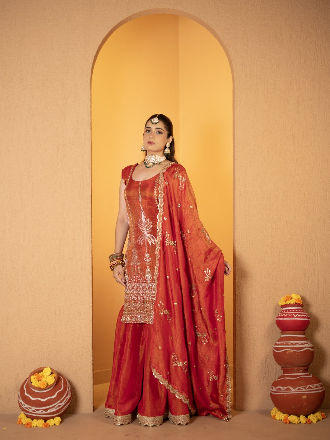 Tomato-Red Heavy Tila Work Gharara Set