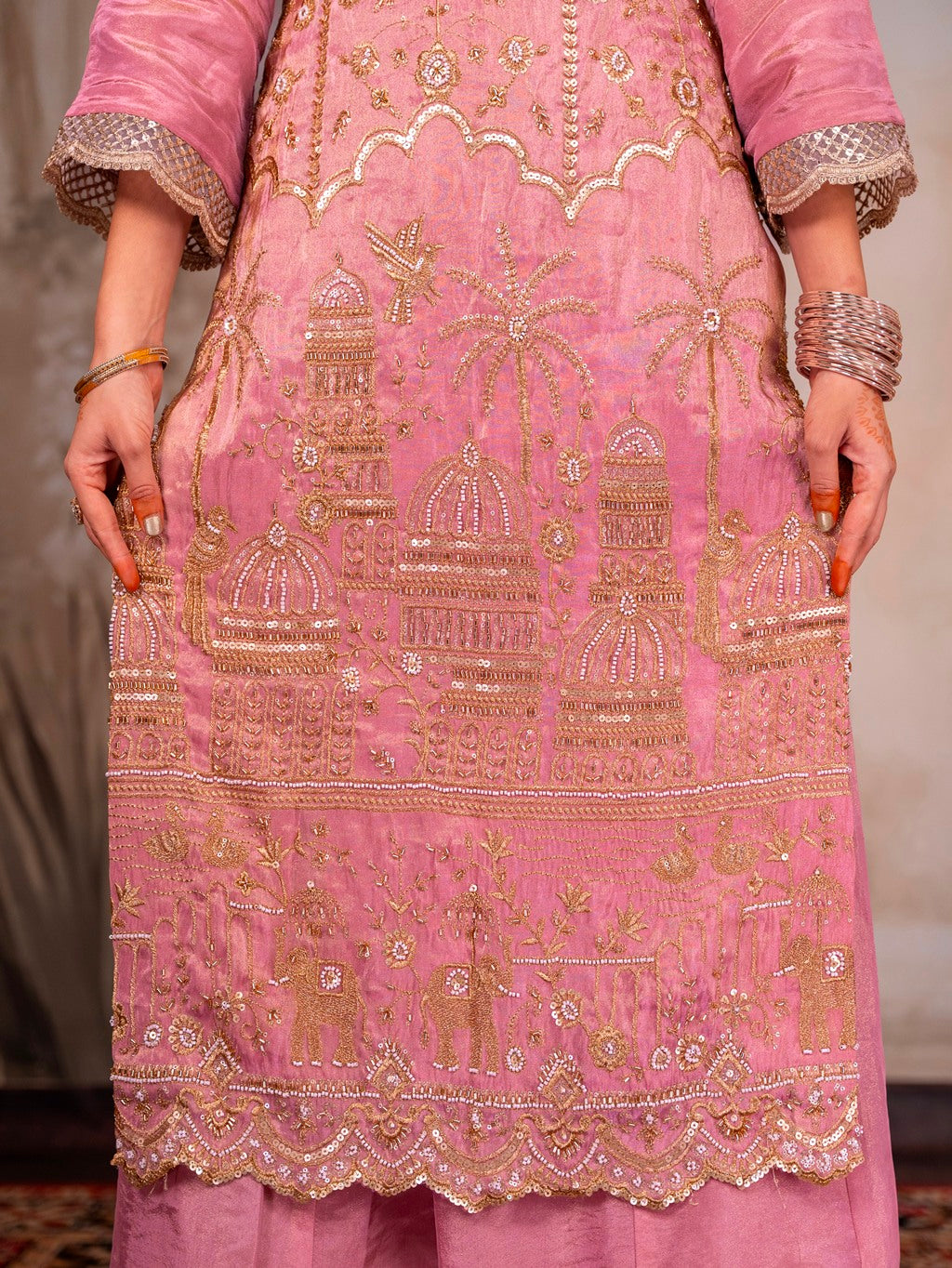 Onion-Pink Heavy Aari Work Kurta Set