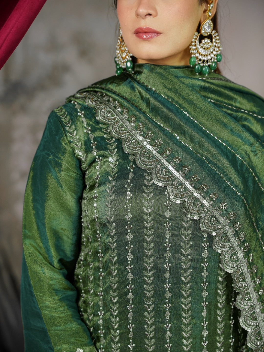 Bottle-Green Heavy Cutdana & Pearl Work Sharara Set