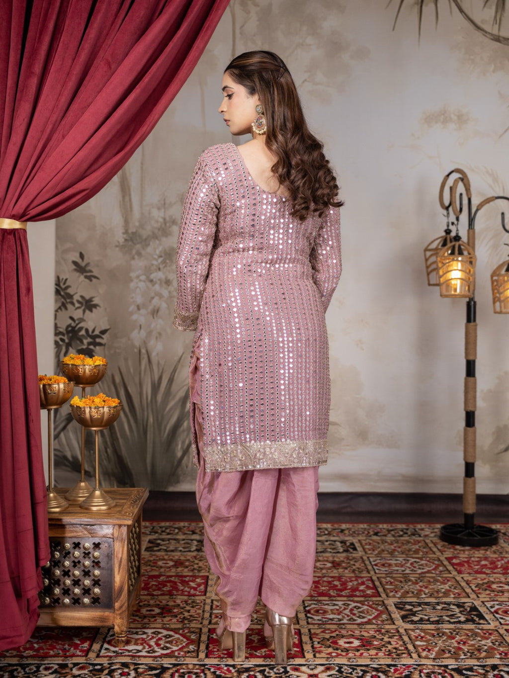 Onion Pink Heavy Mirror work Dhoti Set