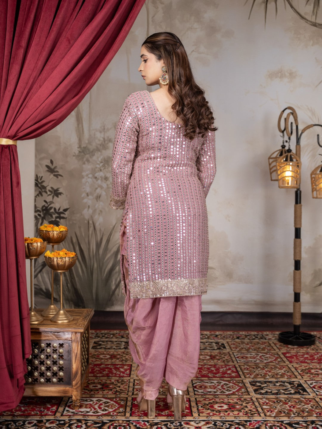 Onion Pink Heavy Mirror work Dhoti Set