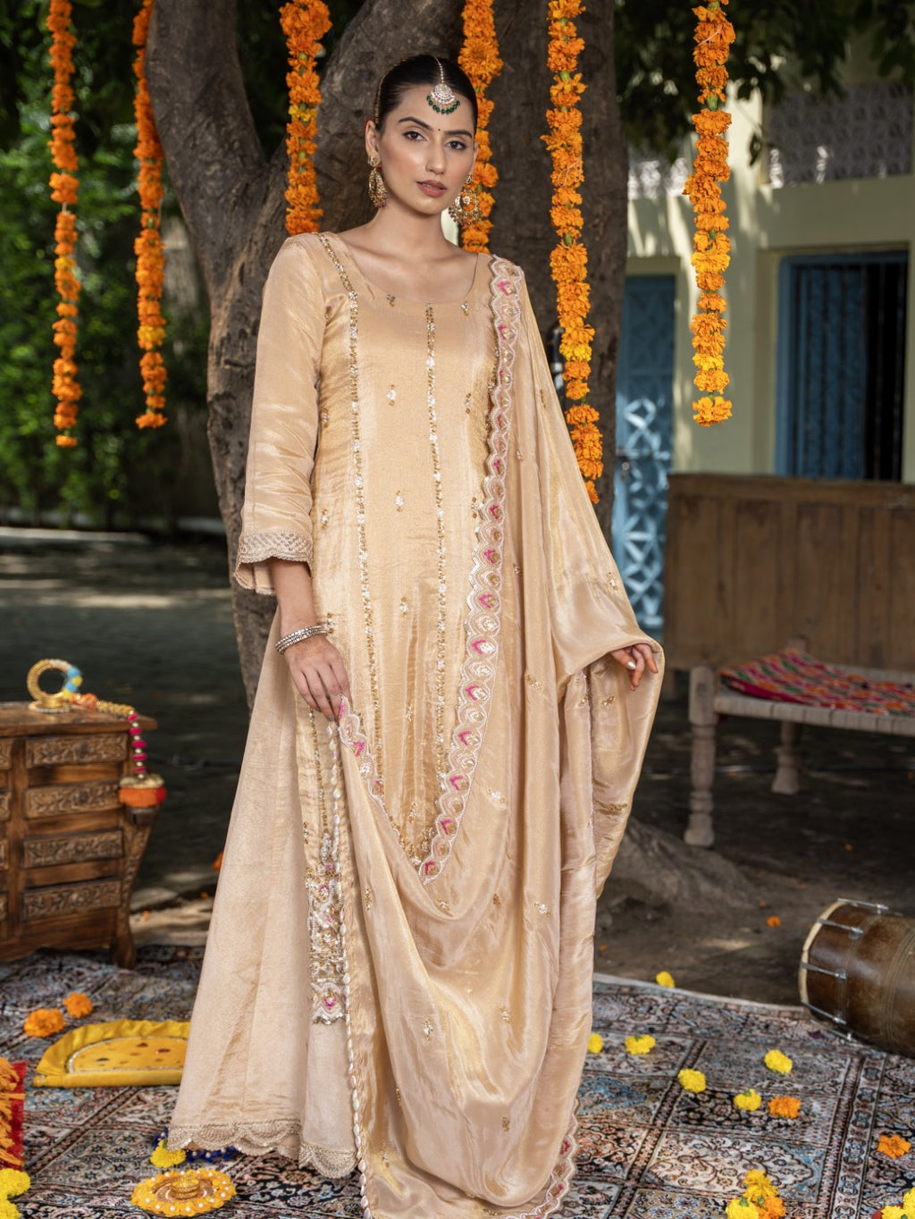 Fawn-Beige Heavy Cutdana Work Sharara Set