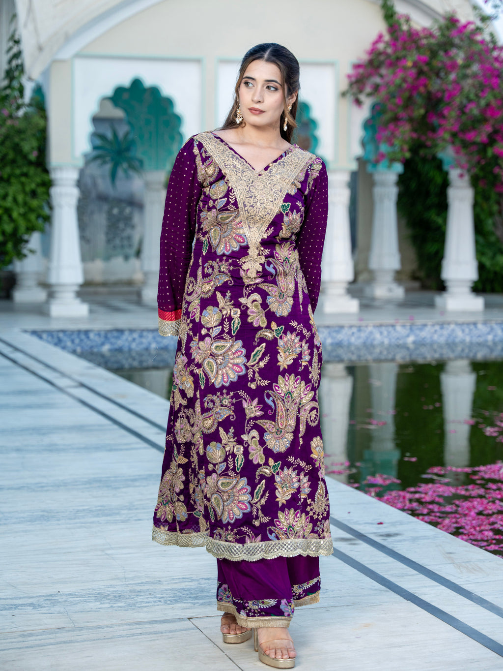 Purple Dori & Aari Work Royal A-line Set
