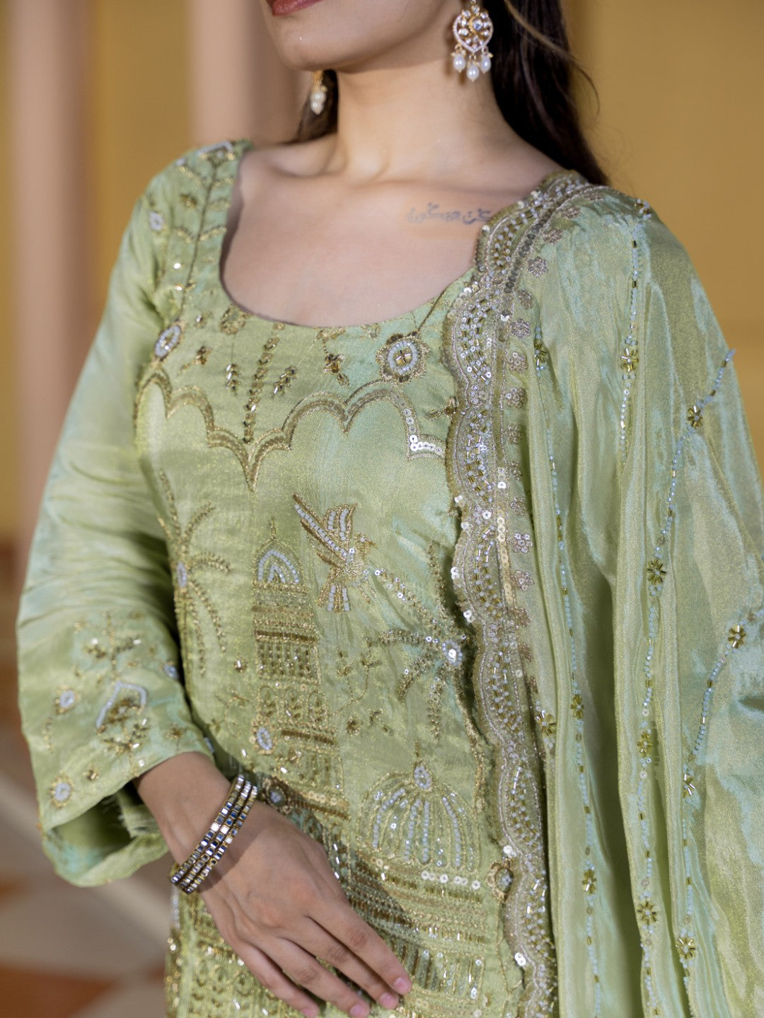 Sea-Green Heavy Aari Work Sharara Set
