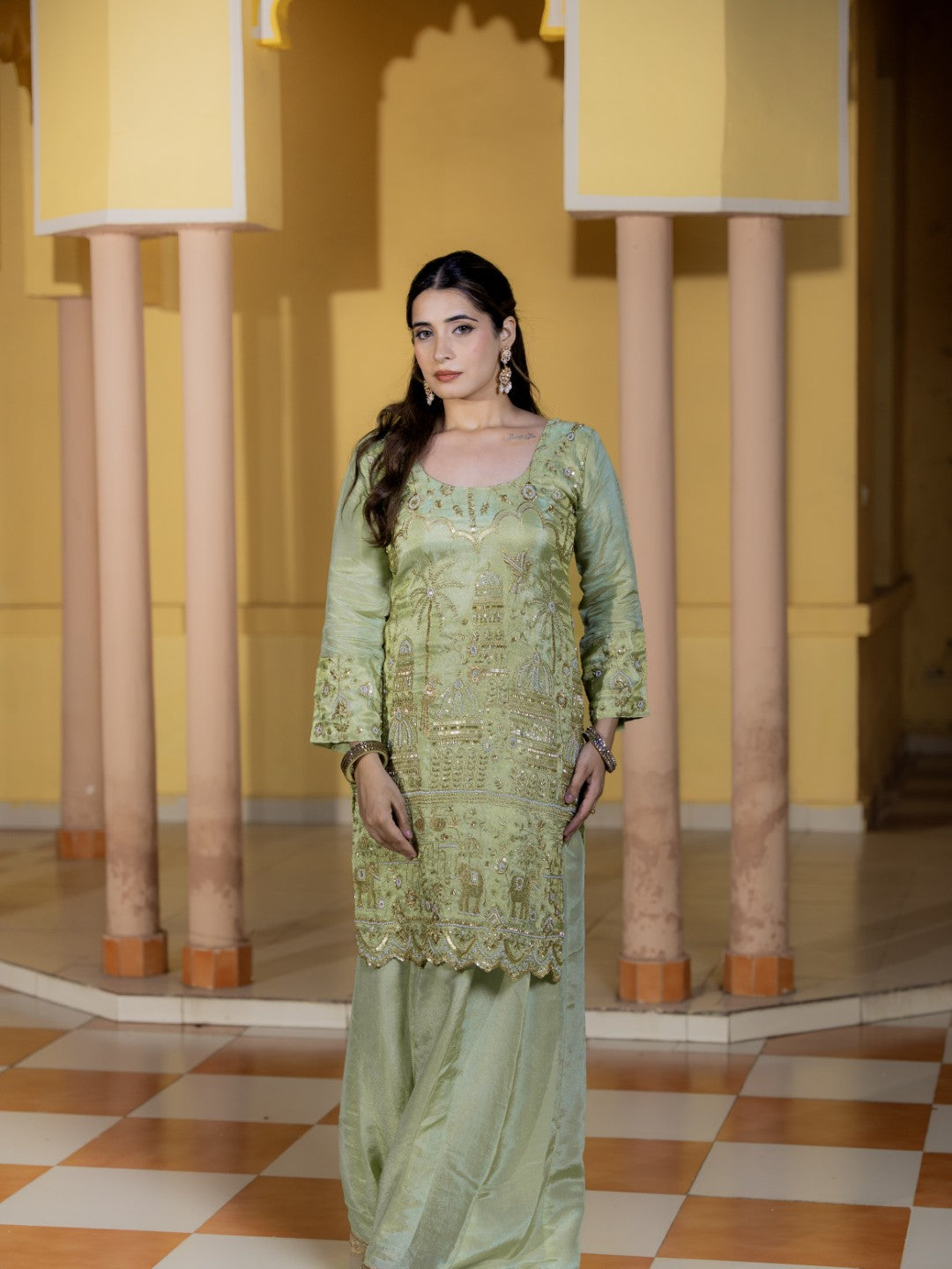 Sea-Green Heavy Aari Work Sharara Set