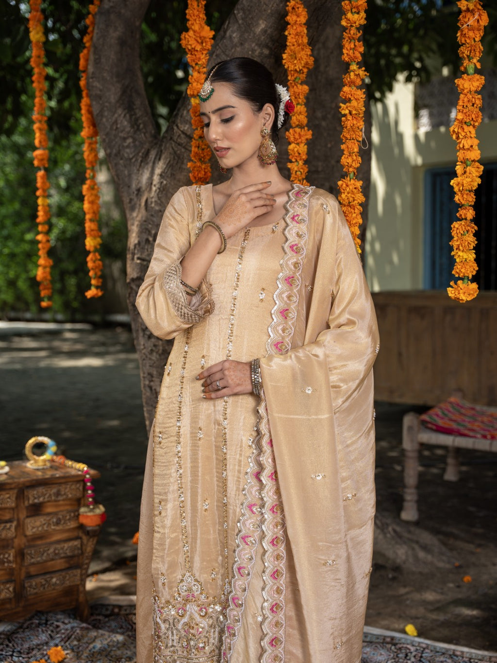 Fawn-Beige Heavy Cutdana Work Sharara Set