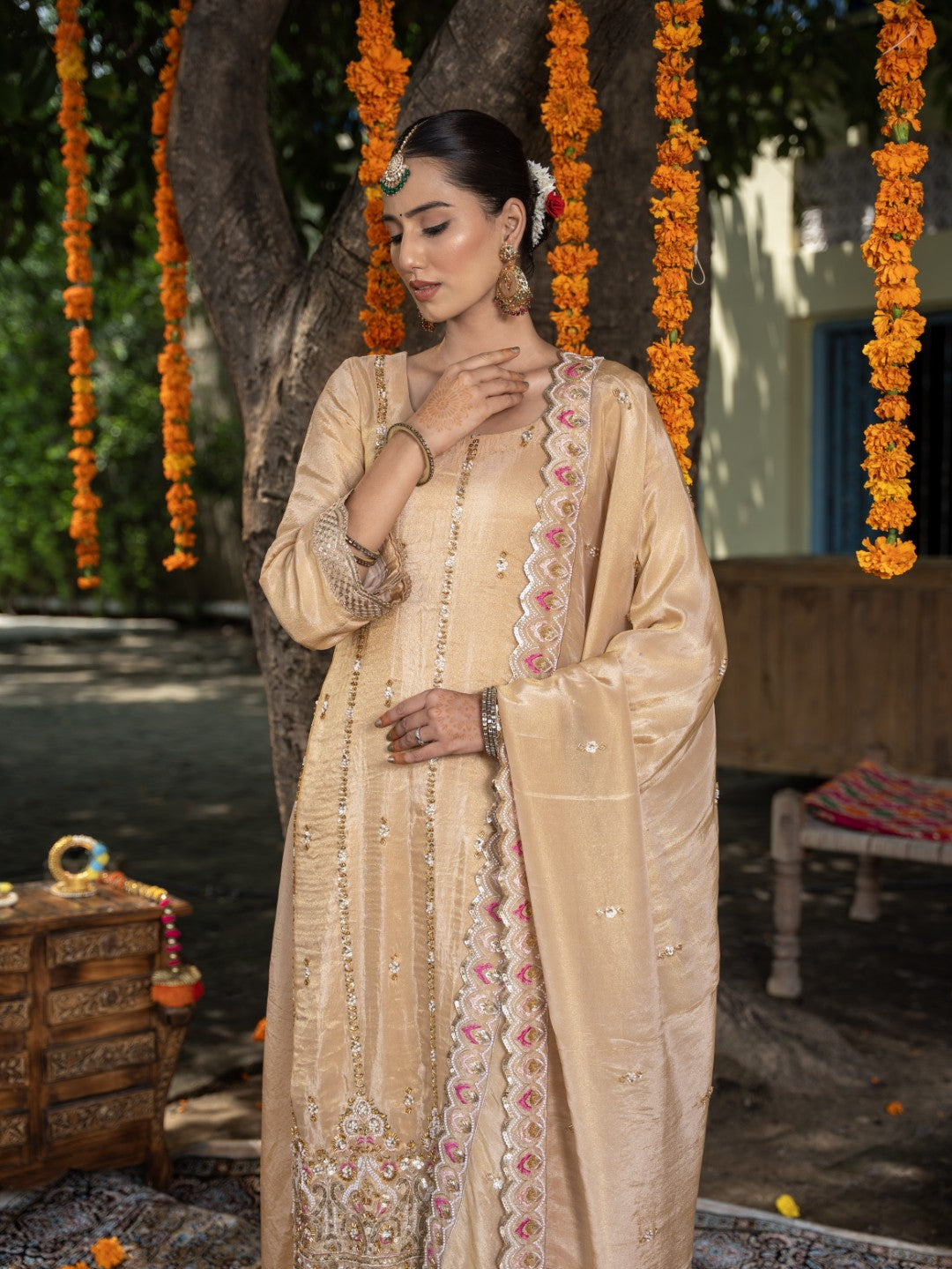 Fawn-Beige Heavy Cutdana Work Sharara Set