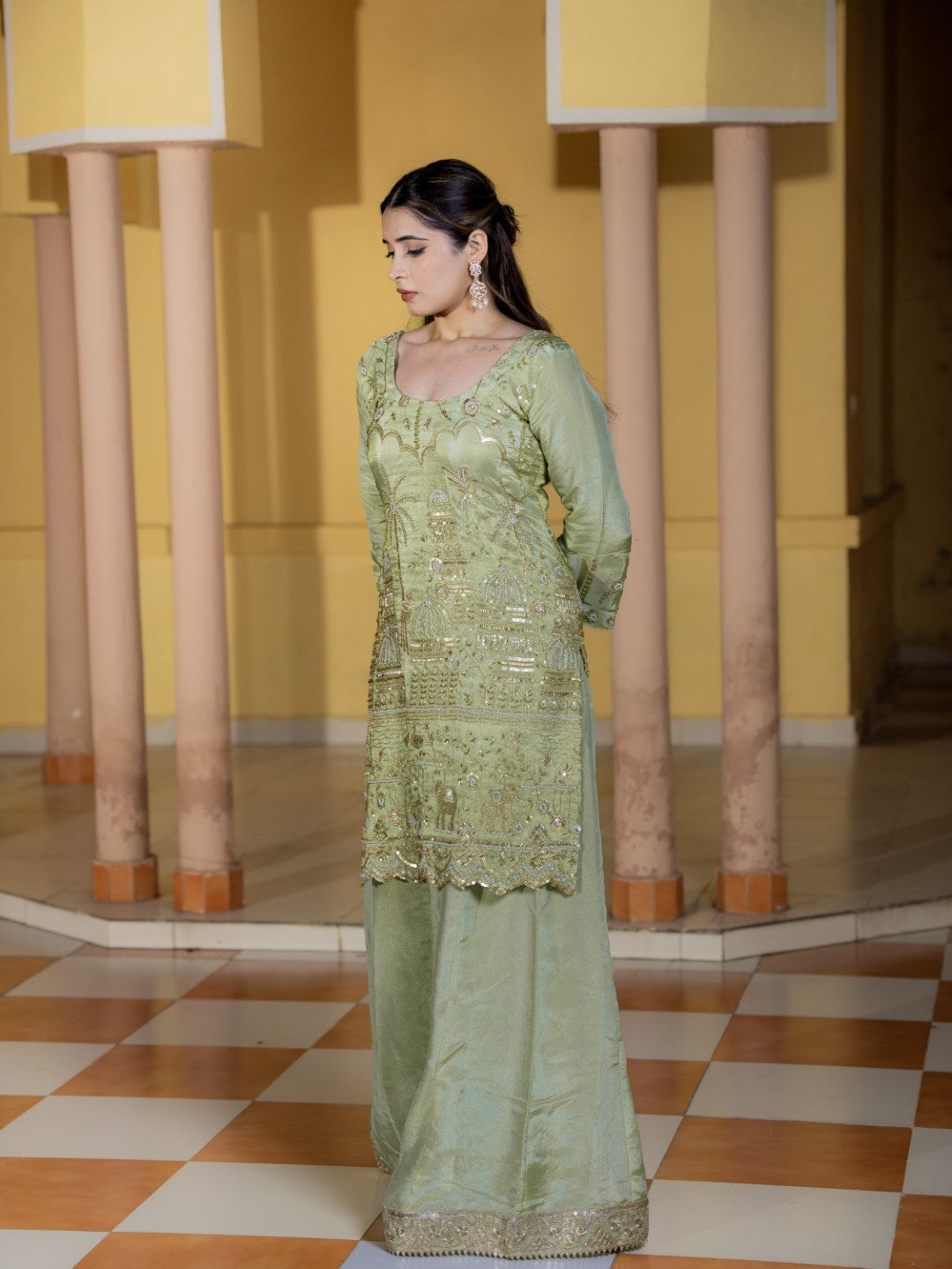 Sea-Green Heavy Aari Work Sharara Set