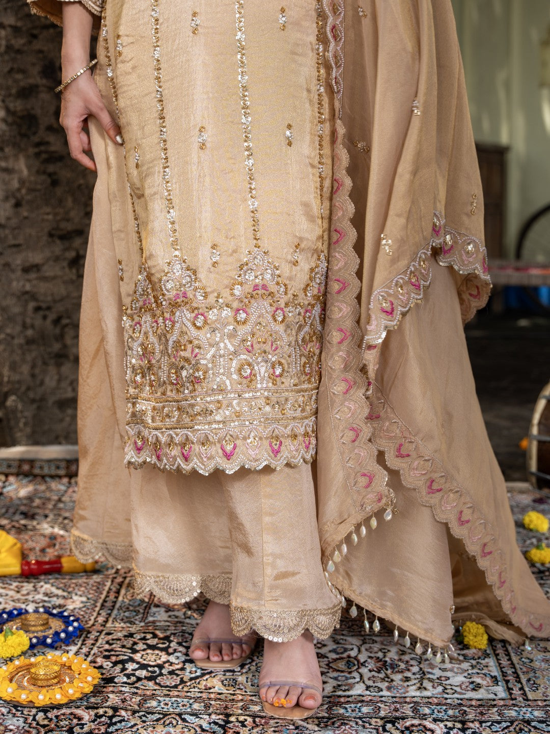 Fawn-Beige Heavy Cutdana Work Sharara Set