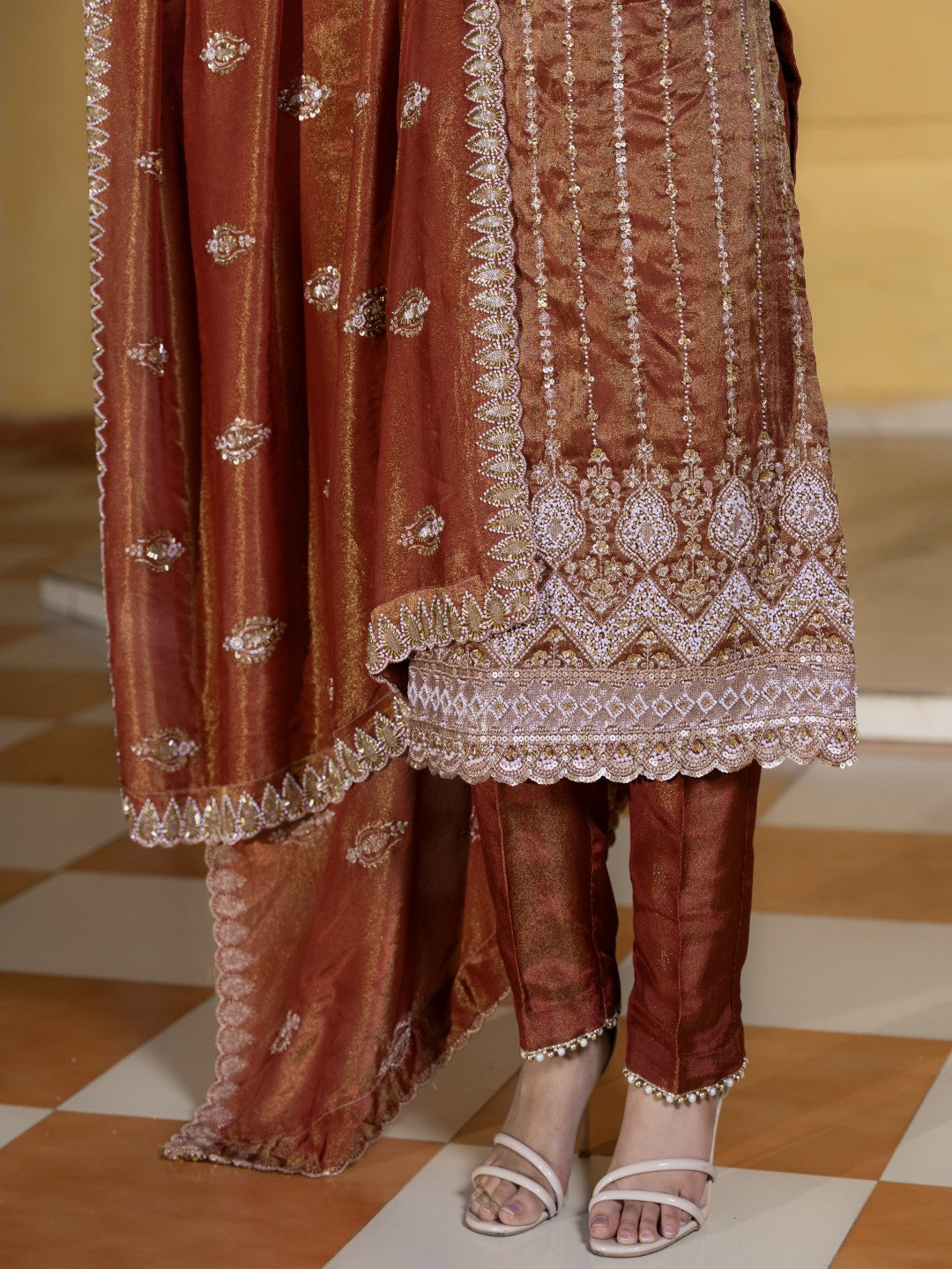 Brownish-Maroon Heavy Pearl Work Kurta Set
