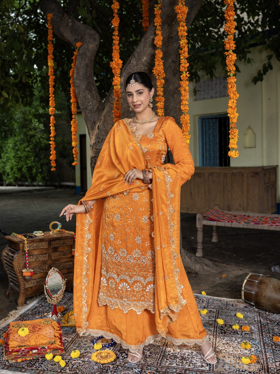 Sunset-Orange Heavy Sitara Sequin Work Sharara Set