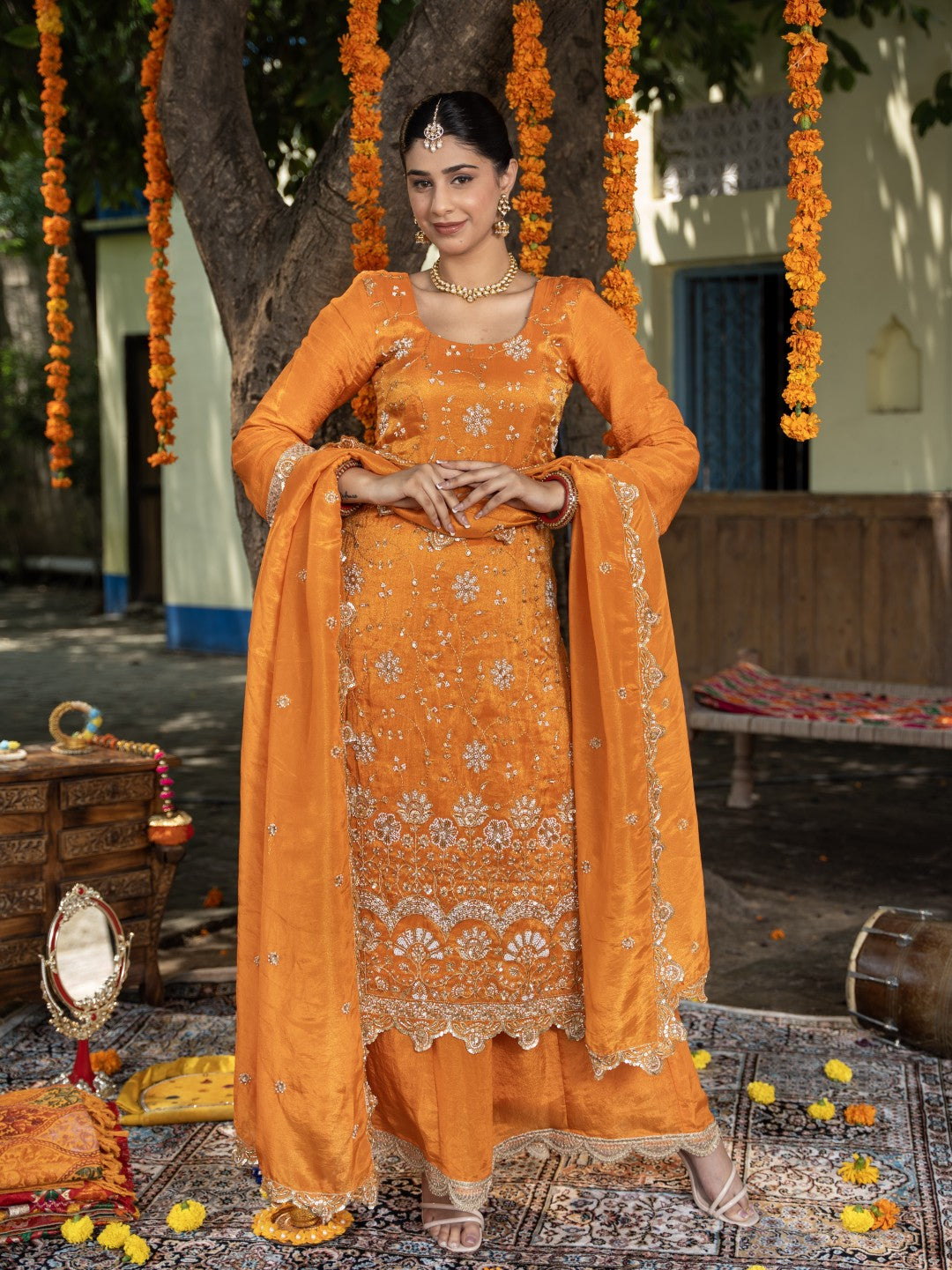 Sunset-Orange Heavy Sitara Sequin Work Sharara Set