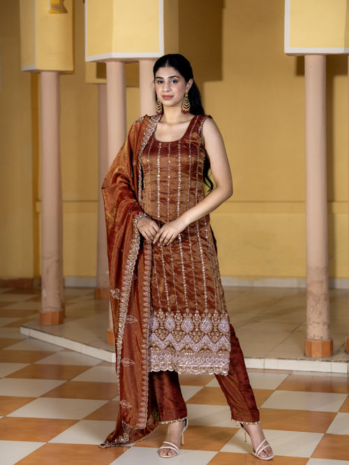 Brownish-Maroon Heavy Pearl Work Kurta Set