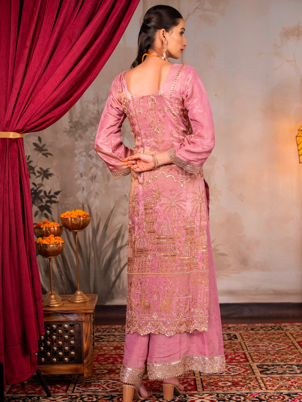 Onion-Pink Heavy Aari Work Kurta Set