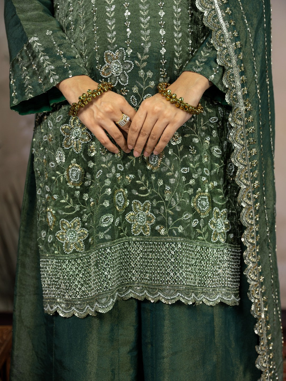 Bottle-Green Heavy Cutdana & Pearl Work Sharara Set