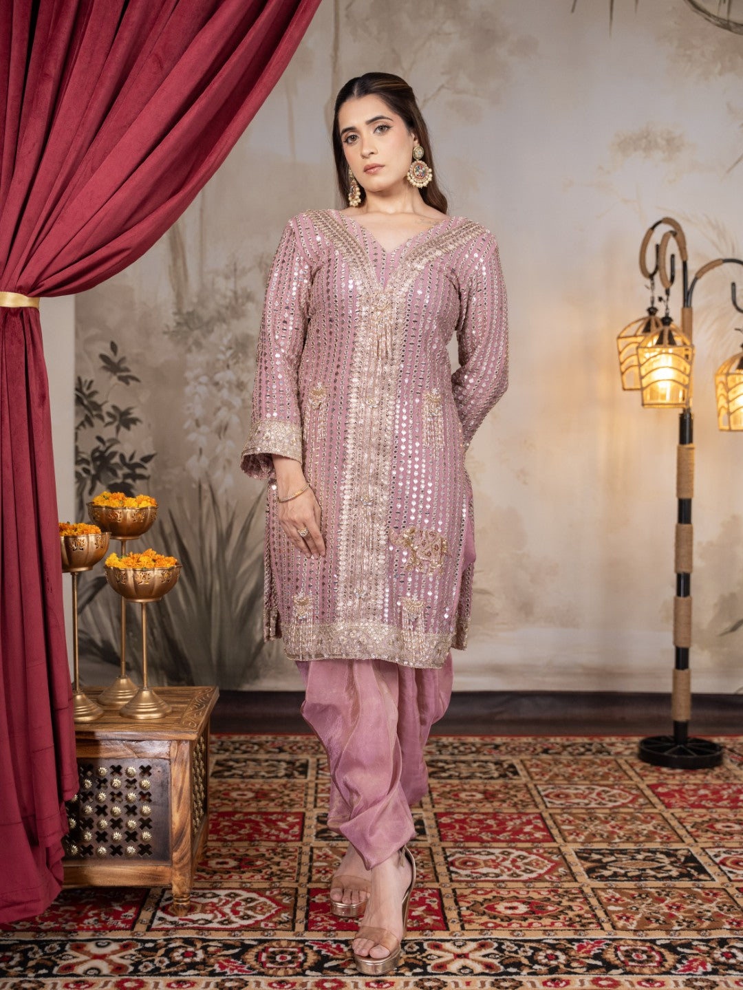 Onion Pink Heavy Mirror work Dhoti Set