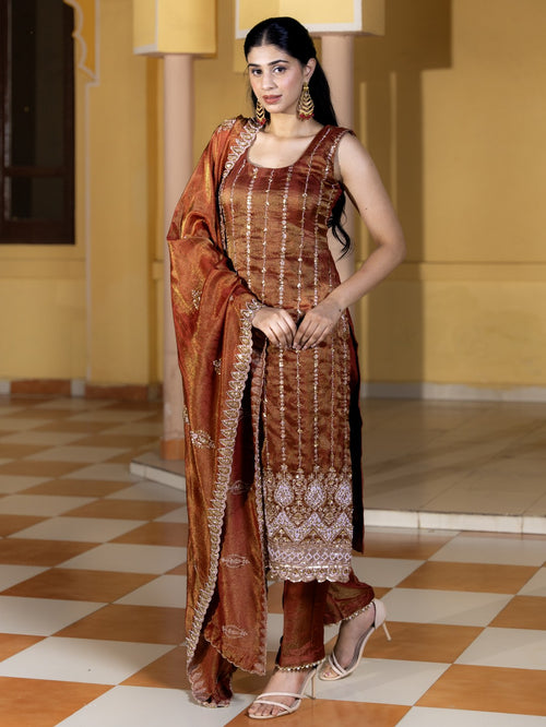Brownish-Maroon Heavy Pearl Work Kurta Set