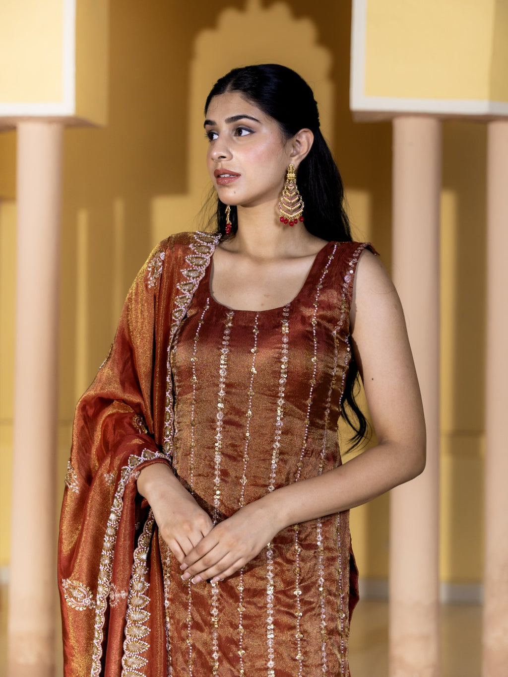 Brownish-Maroon Heavy Pearl Work Kurta Set