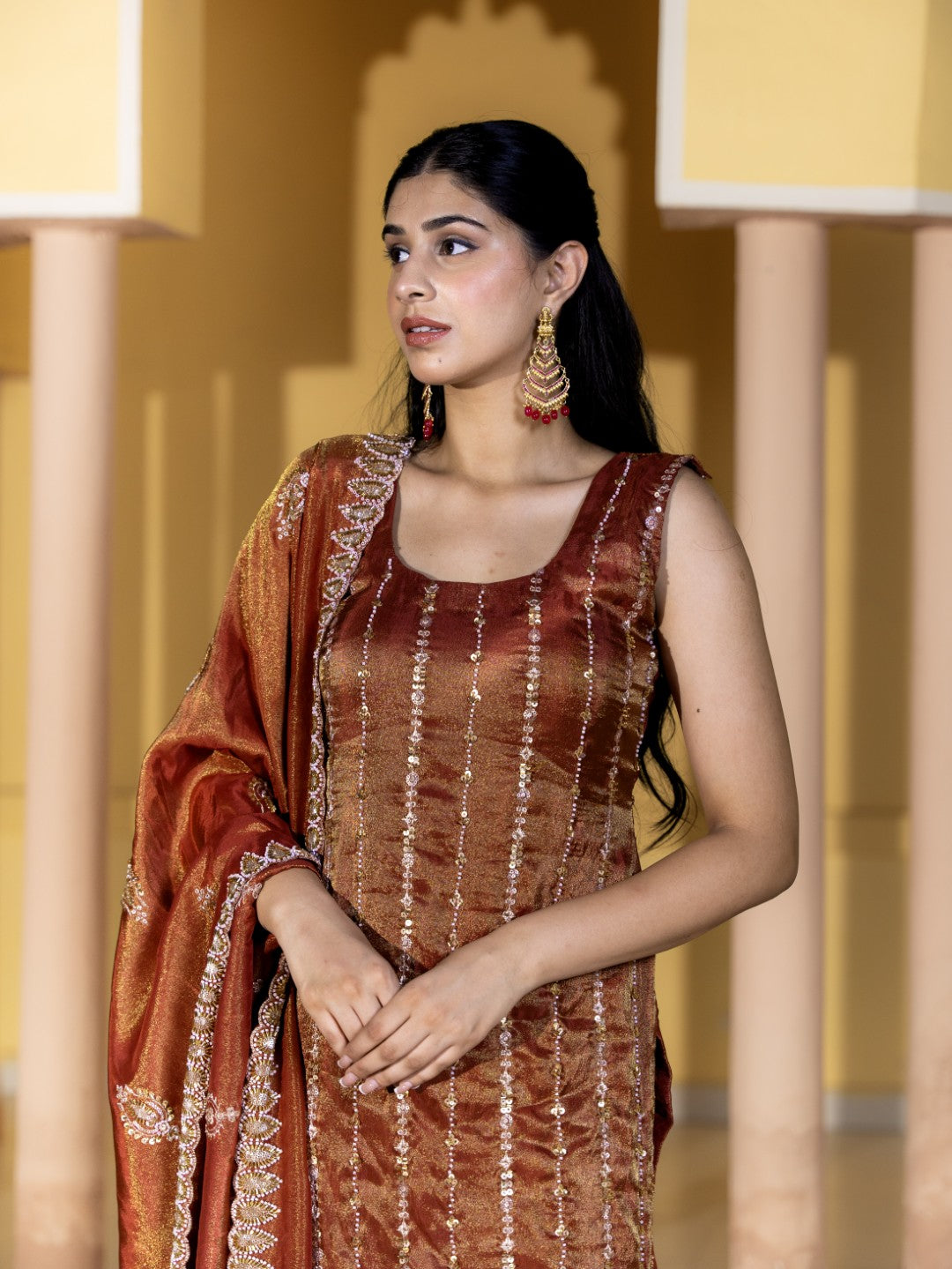 Brownish-Maroon Heavy Pearl Work Kurta Set
