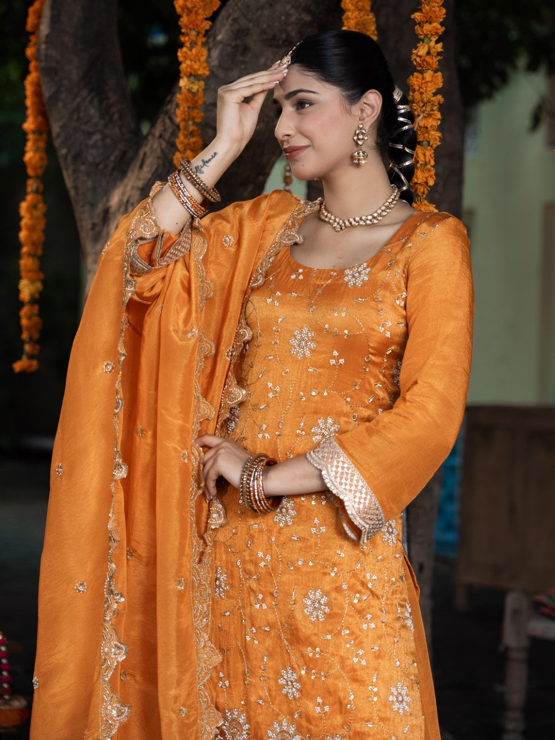 Sunset-Orange Heavy Sitara Sequin Work Sharara Set