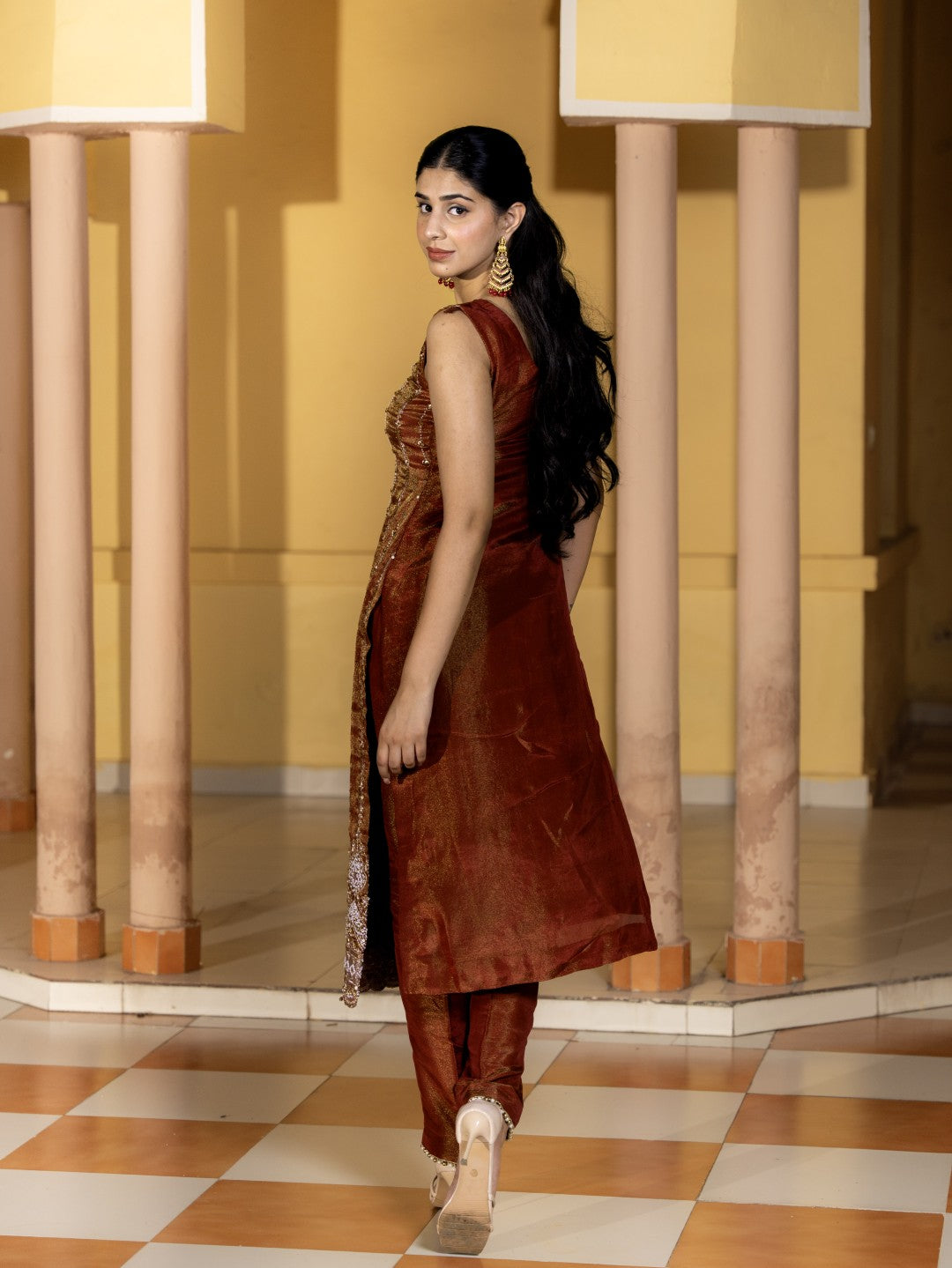 Brownish-Maroon Heavy Pearl Work Kurta Set