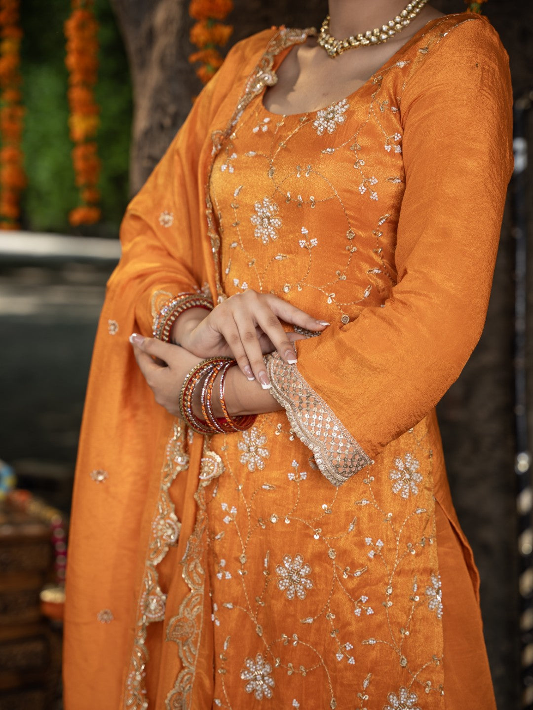 Sunset-Orange Heavy Sitara Sequin Work Sharara Set