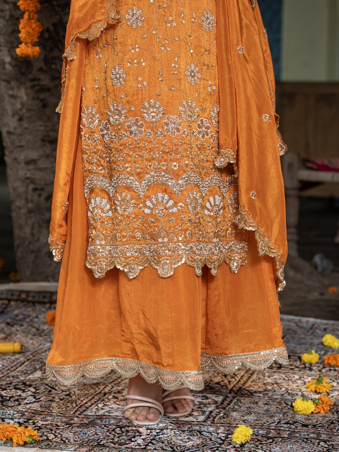 Sunset-Orange Heavy Sitara Sequin Work Sharara Set
