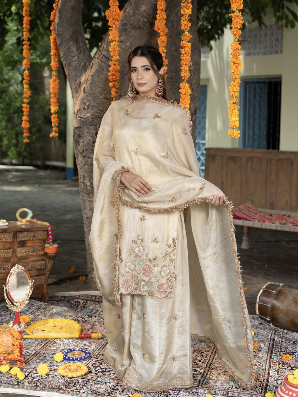 Ivory Heavy Cutdana & Sequin Work Sharara Set