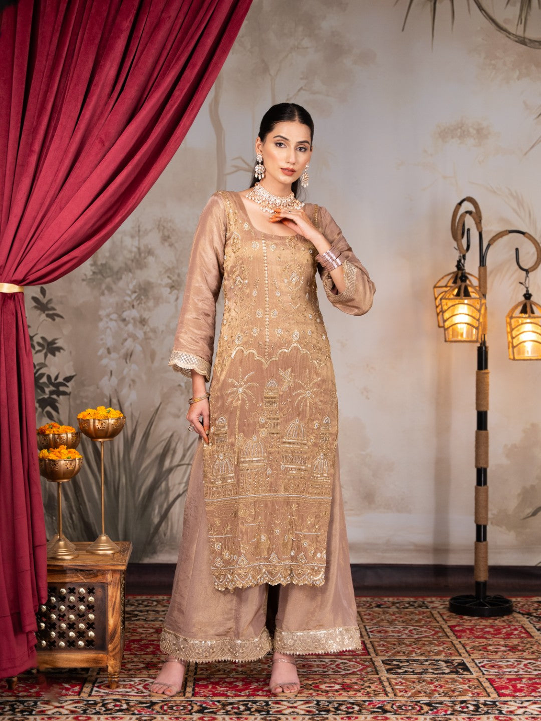 Earthy-Brown Heavy Aari Work Kurta Set