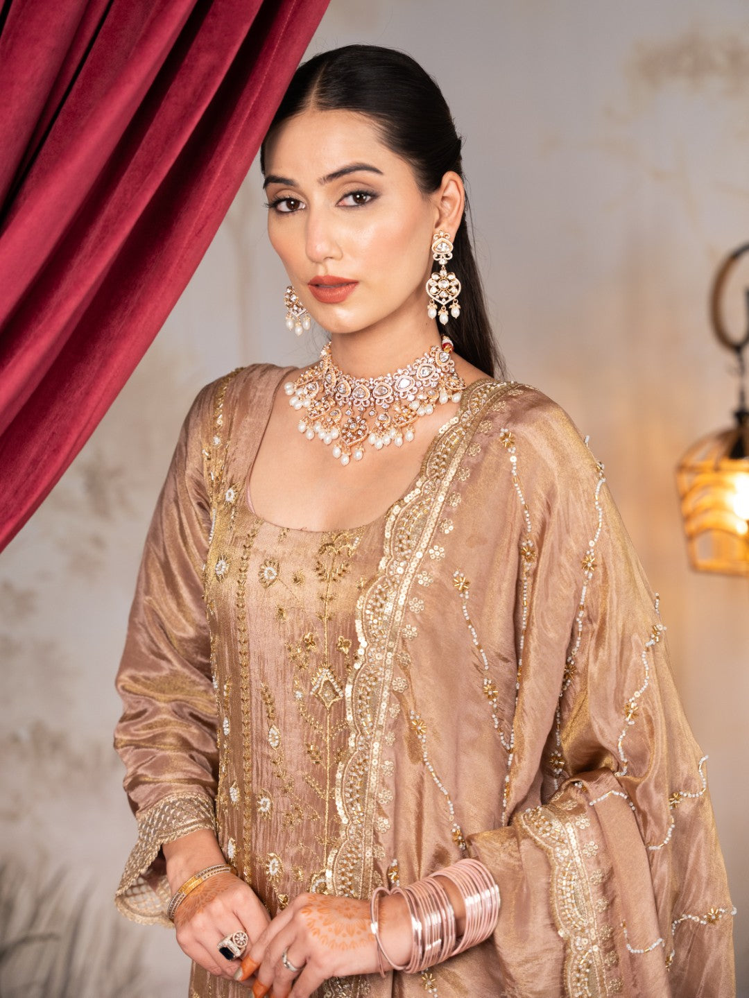 Earthy-Brown Heavy Aari Work Kurta Set