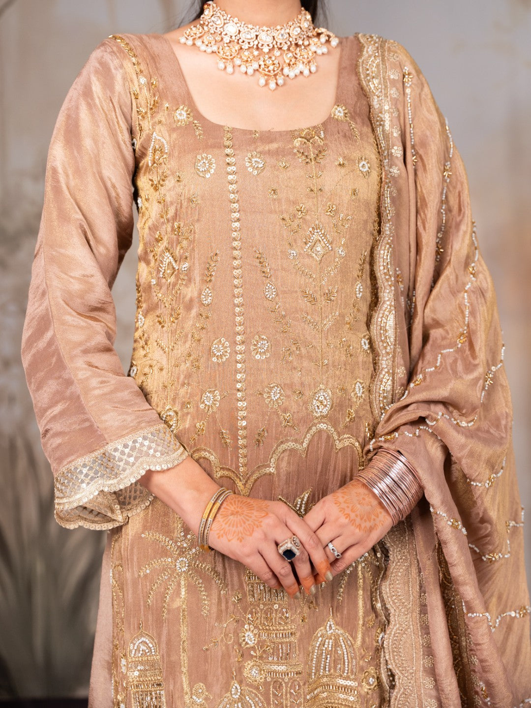 Earthy-Brown Heavy Aari Work Kurta Set