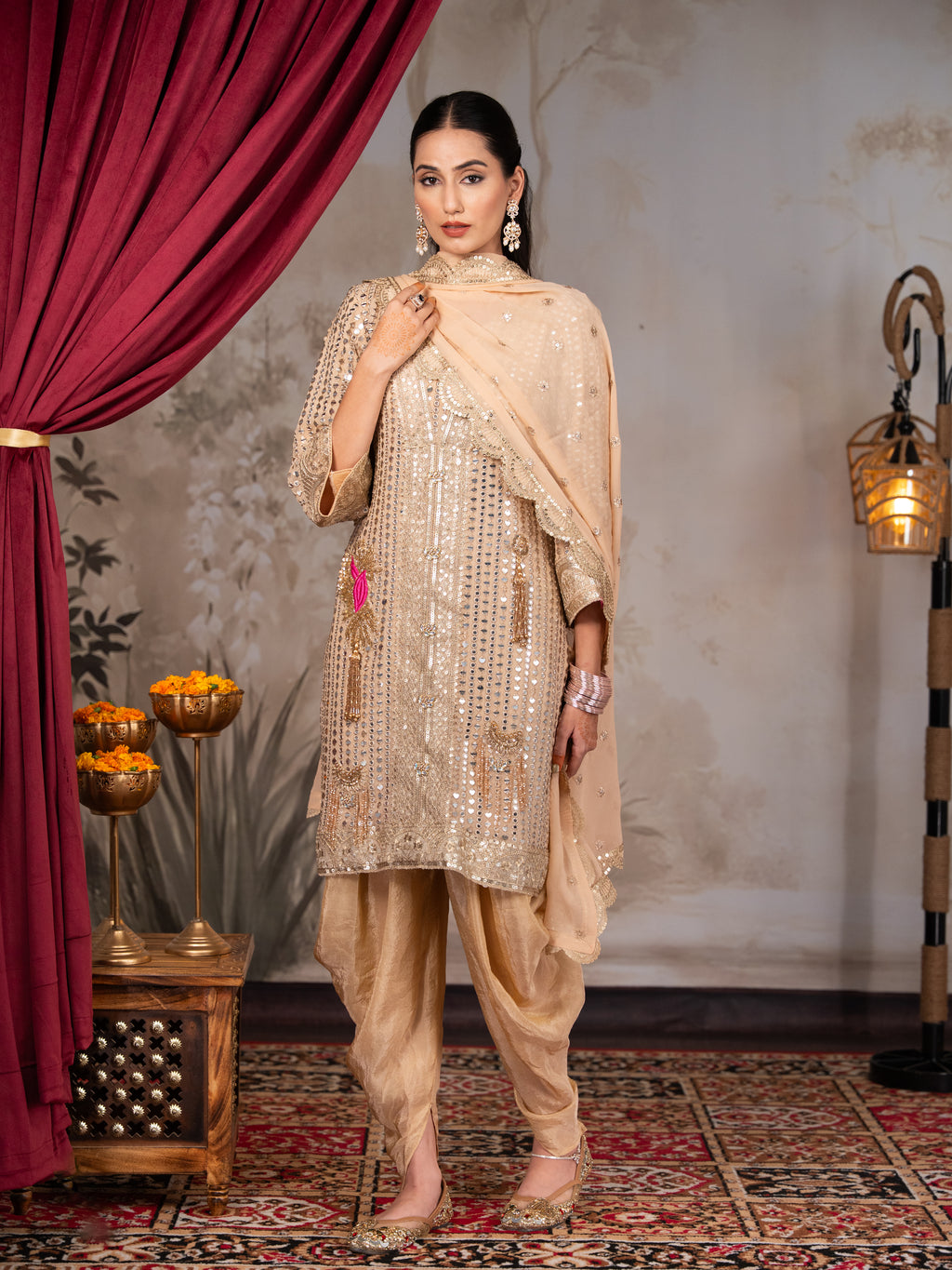 Beige Heavy Mirror work Dhoti Set