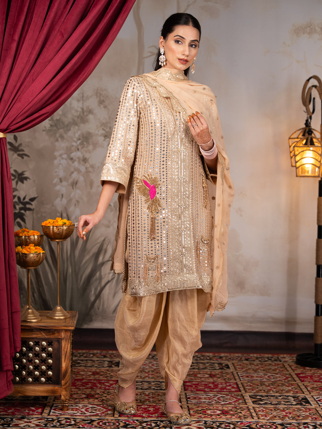 Beige Heavy Mirror work Dhoti Set